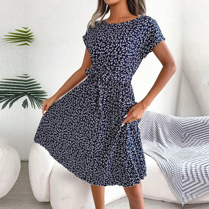 Women's Short-Sleeve Pleated Midi Dress with Waist Tie