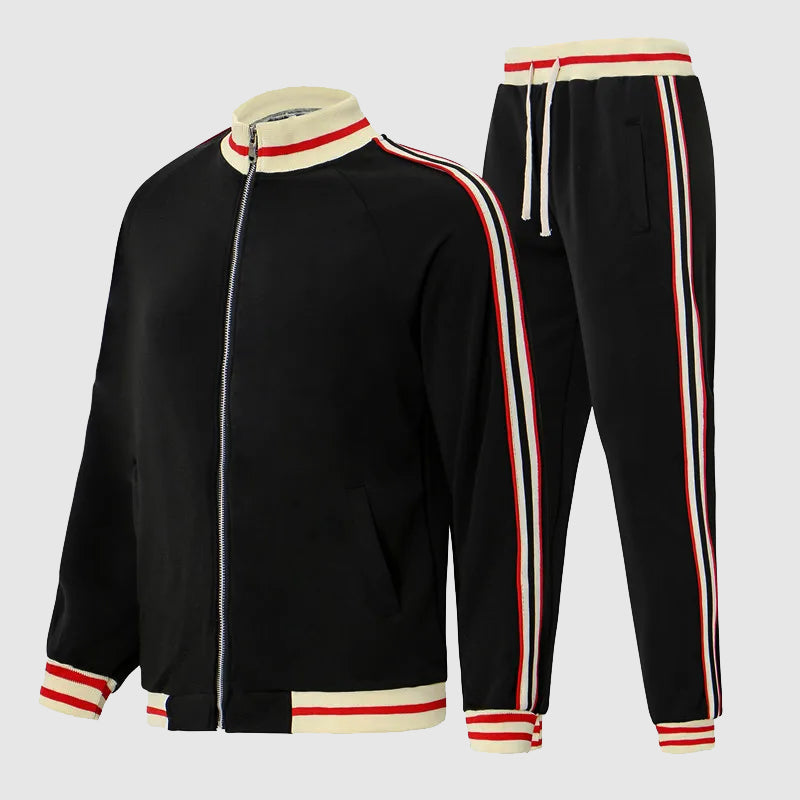 Men's Tracksuit Two Piece Set with Zip Jacket and Stripe Detail