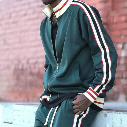 Men's Tracksuit Two Piece Set with Zip Jacket and Stripe Detail