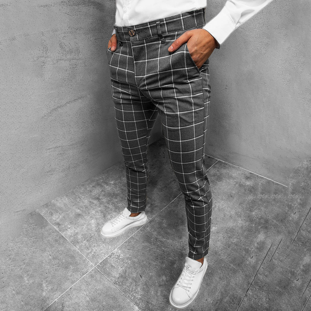 Men's Checkered Work Trousers Slim Fit Patterned Straight Leg Style