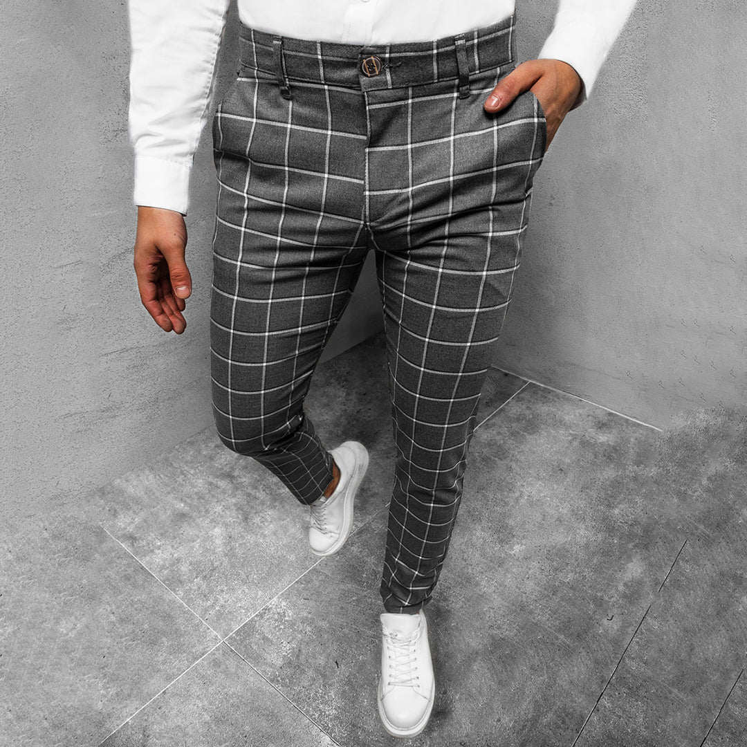Men's Checkered Work Trousers Slim Fit Patterned Straight Leg Style