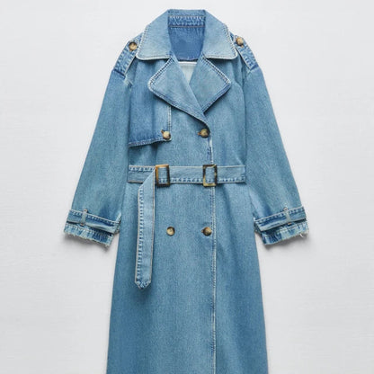 Women's Oversized Denim Trench Coat with Button Front Design