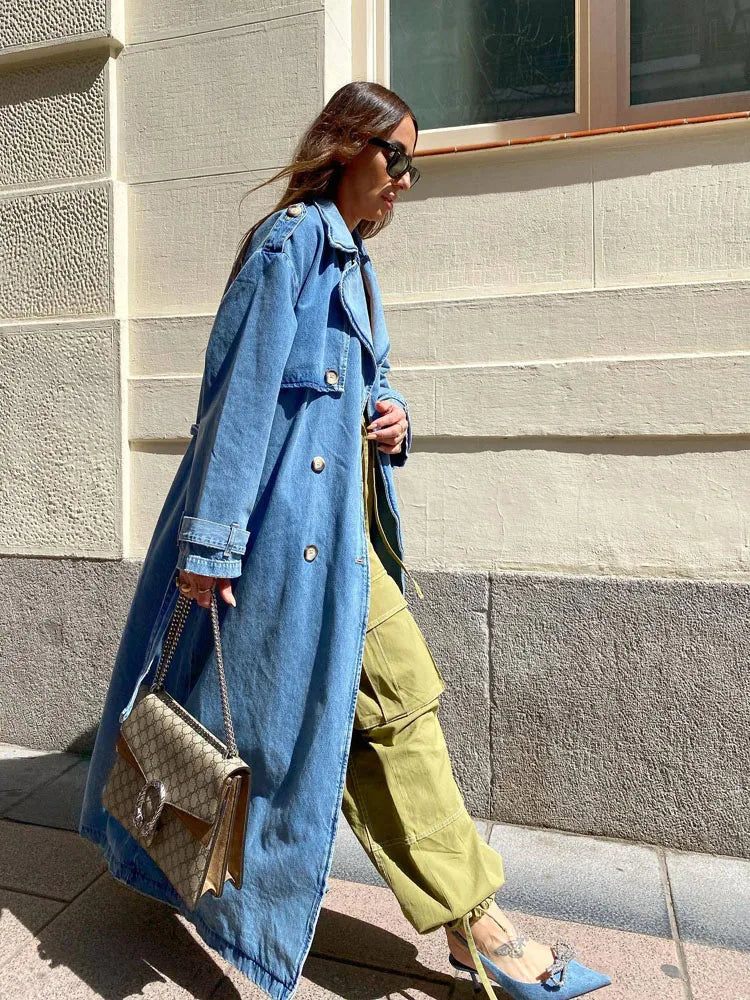 Women's Oversized Denim Trench Coat with Button Front Design