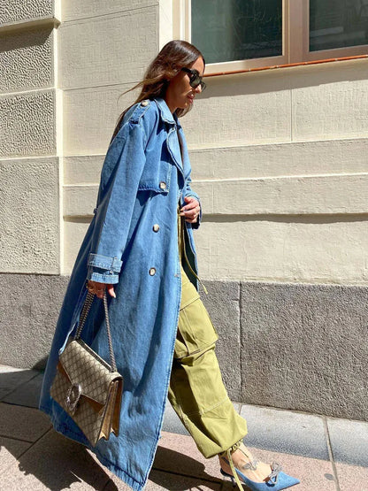 Women's Oversized Denim Trench Coat with Button Front Design