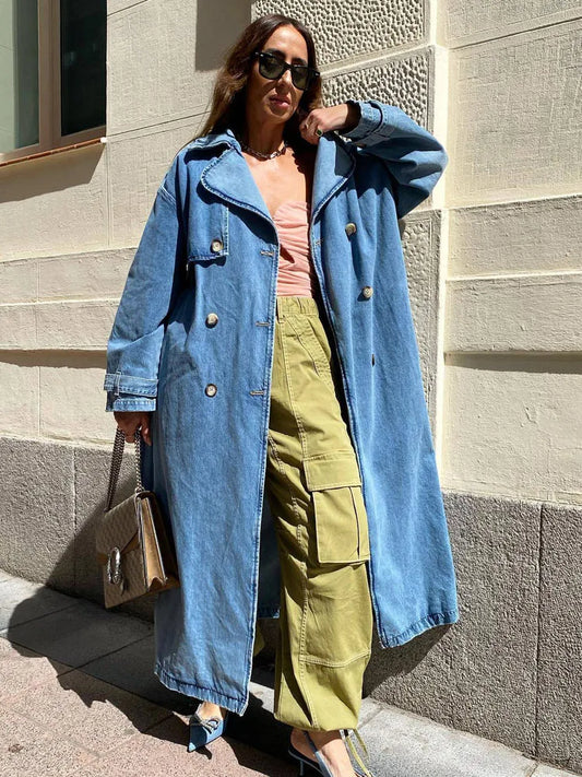 Women's Oversized Denim Trench Coat with Button Front Design