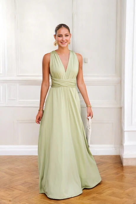 Women's Sleeveless Wrap Maxi Dress with Deep V-Neck and Flowing Skirt