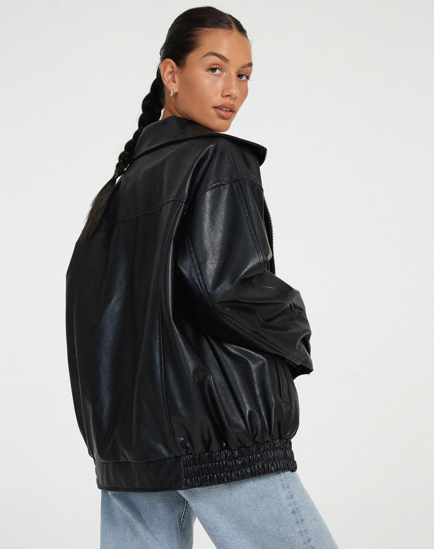 Women's Zip-Up Leather Jacket with Relaxed Fit and High Collar