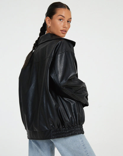 Women's Zip-Up Leather Jacket with Relaxed Fit and High Collar