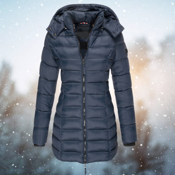 Women's Puffer Winter Jacket with Hood and Full-Length Zip