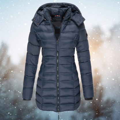 Women's Puffer Winter Jacket with Hood and Full-Length Zip