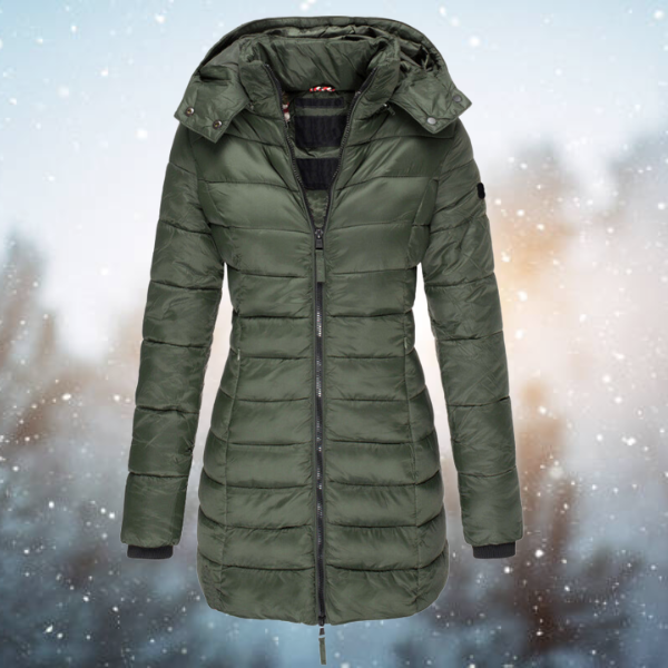 Women's Puffer Winter Jacket with Hood and Full-Length Zip