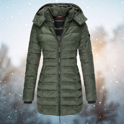 Women's Puffer Winter Jacket with Hood and Full-Length Zip