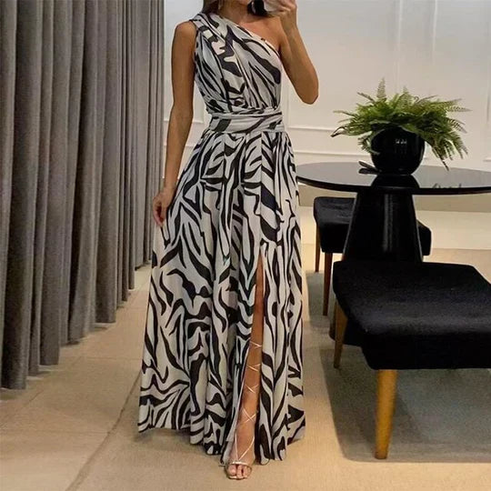 Women's One-Shoulder Zebra Print Maxi Dress with Waist Belt