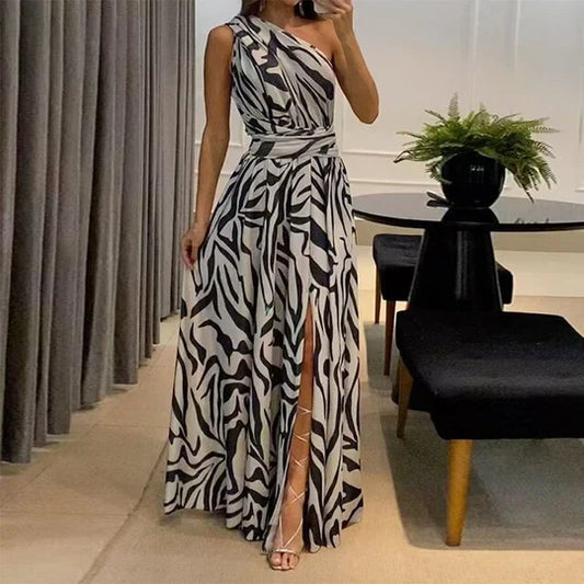 Women's One-Shoulder Zebra Print Maxi Dress with Waist Belt