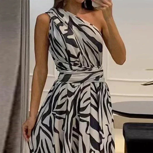 Women's One-Shoulder Zebra Print Maxi Dress with Waist Belt