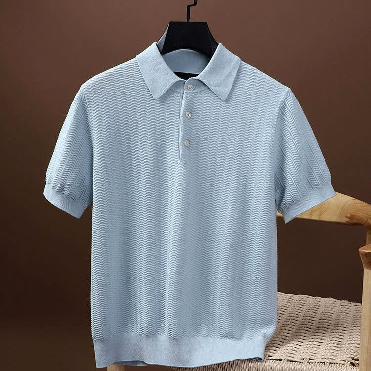 Men's Textured Knit Polo Shirt with Button Front and Short Sleeves