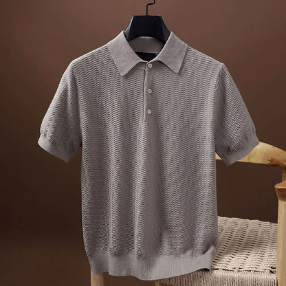 Men's Textured Knit Polo Shirt with Button Front and Short Sleeves
