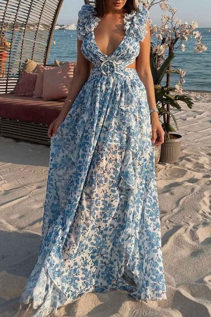 Women's Floral Maxi Dress with V Neck Ruffled Sleeves and Cut Out Waist