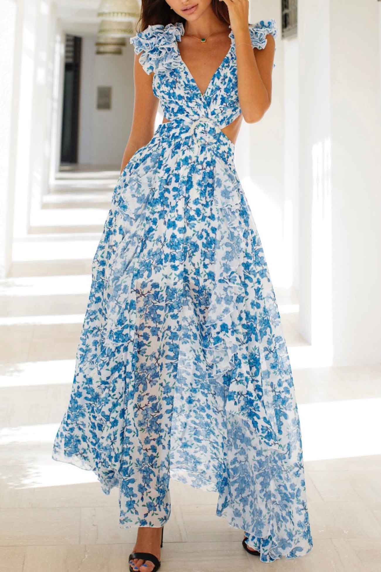 Women's Floral Maxi Dress with V Neck Ruffled Sleeves and Cut Out Waist