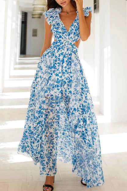 Women's Floral Maxi Dress with V Neck Ruffled Sleeves and Cut Out Waist