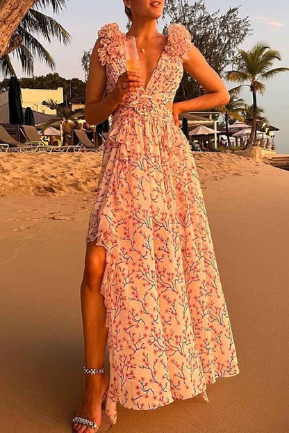 Women's Floral Maxi Dress with V Neck Ruffled Sleeves and Cut Out Waist