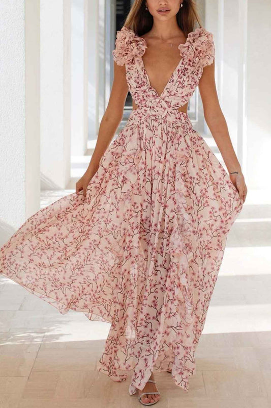 Women's Floral Maxi Dress with V Neck Ruffled Sleeves and Cut Out Waist