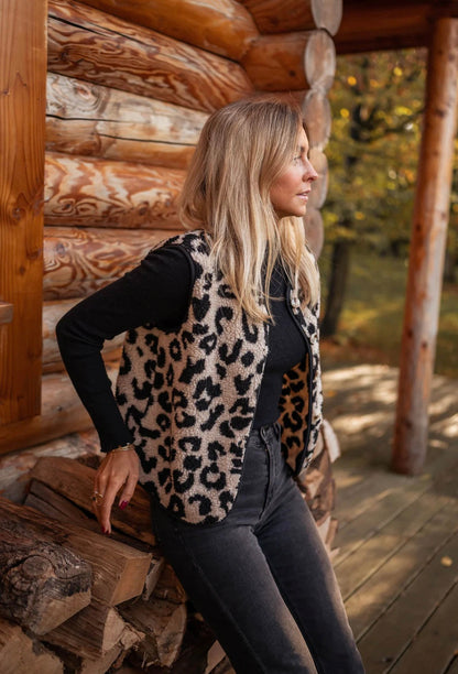 Women’s Leopard Print Knit Vest with Button Front