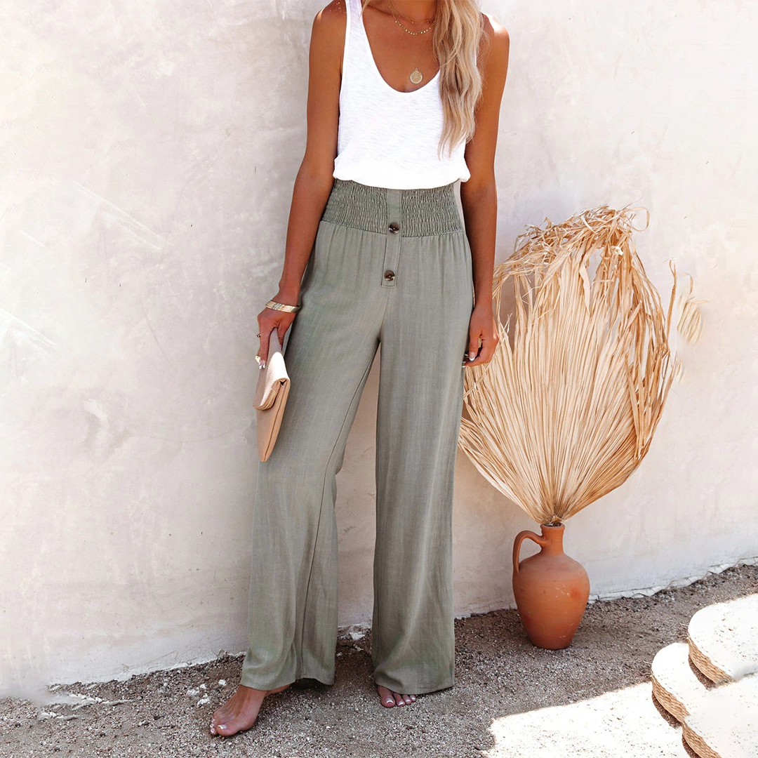 Women's High-Waisted Wide-Leg Pants with Smocked Waistband