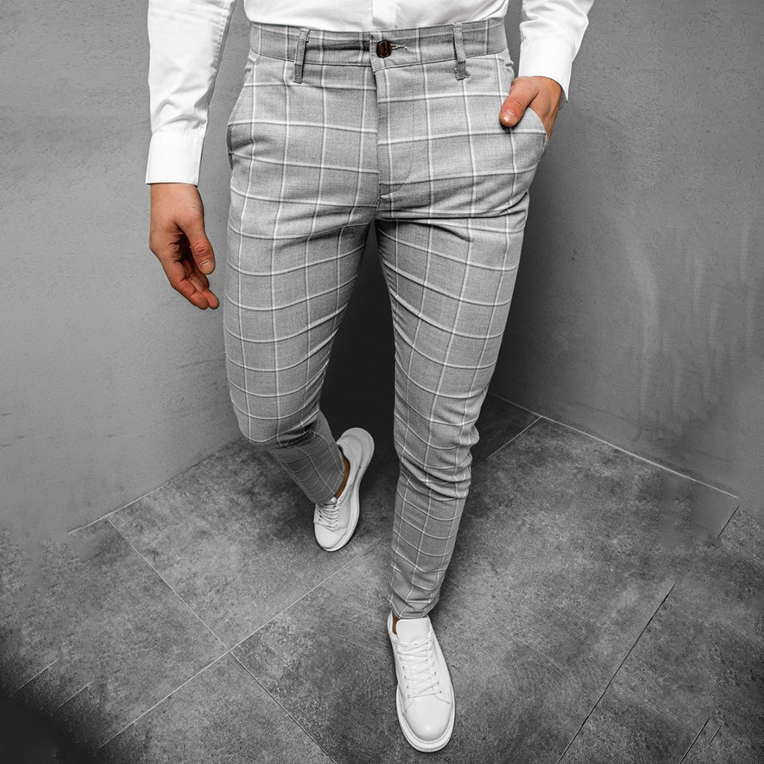 Men's Checkered Work Trousers Slim Fit Patterned Straight Leg Style