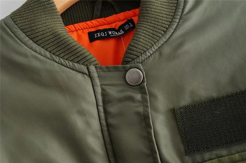 Women's Cropped Utility Bomber Jacket with Patch Pockets and Zip Sleeve