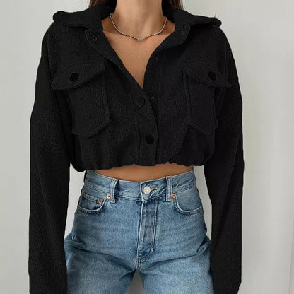 Women's Cropped Bomber Jacket with Button Front and Flap Pockets