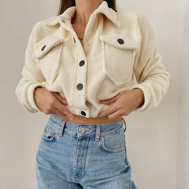 Women's Cropped Bomber Jacket with Button Front and Flap Pockets