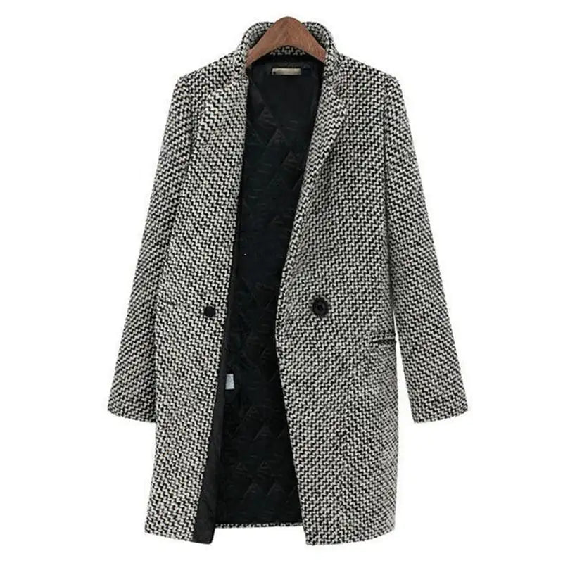 Women's Tailored Houndstooth Winter Coat with Button Closure