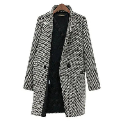 Women's Tailored Houndstooth Winter Coat with Button Closure