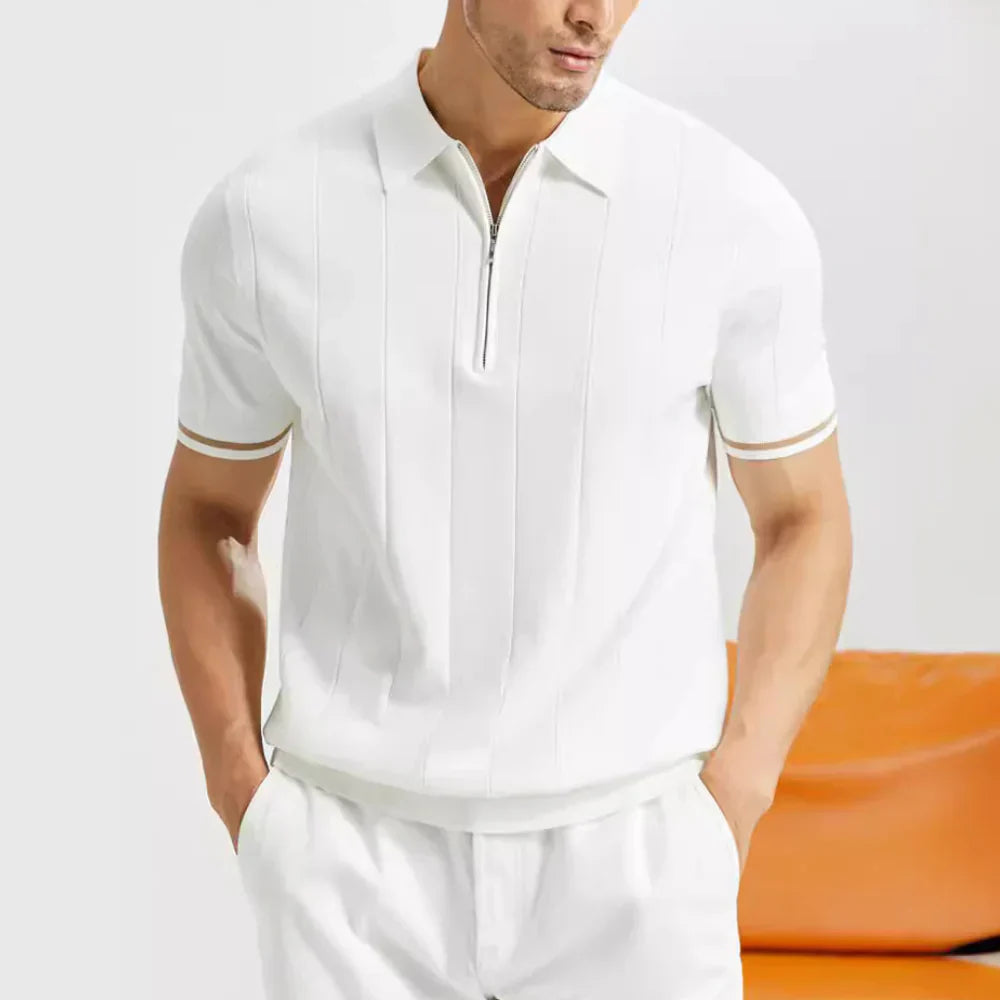 Men's Short Sleeve Zip Polo Shirt with Ribbed Knit Collar