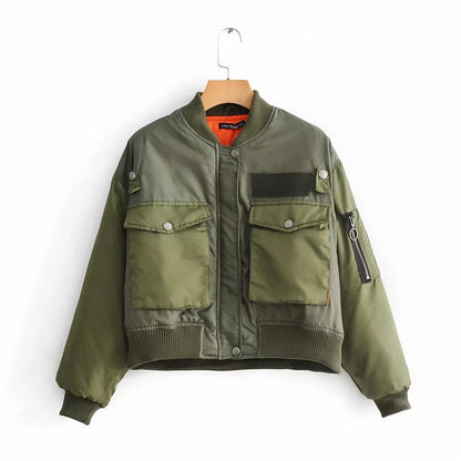 Women's Cropped Utility Bomber Jacket with Patch Pockets and Zip Sleeve