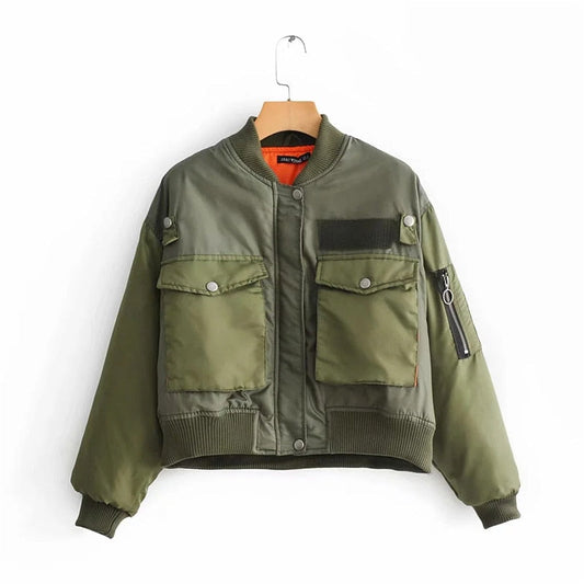 Women's Cropped Utility Bomber Jacket with Patch Pockets and Zip Sleeve