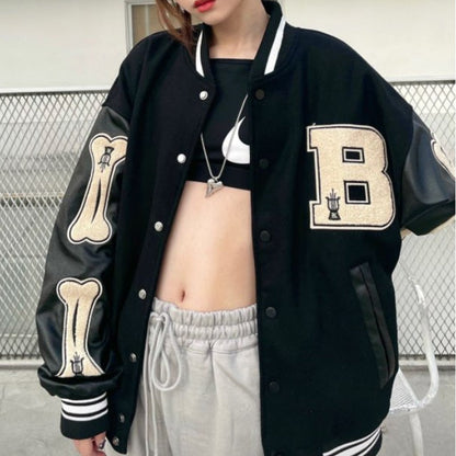 Women's Graphic Varsity Bomber Jacket with Bone Sleeve Design