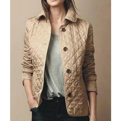 Women's Quilted Button-Up Bomber Jacket with Foldable Cuffs