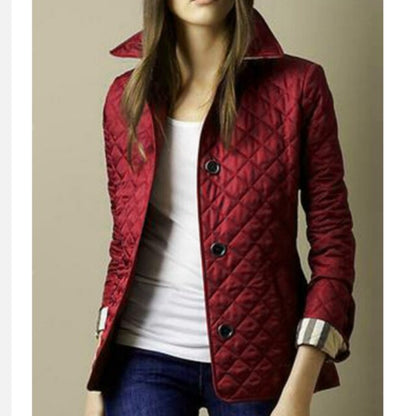 Women's Quilted Button-Up Bomber Jacket with Foldable Cuffs