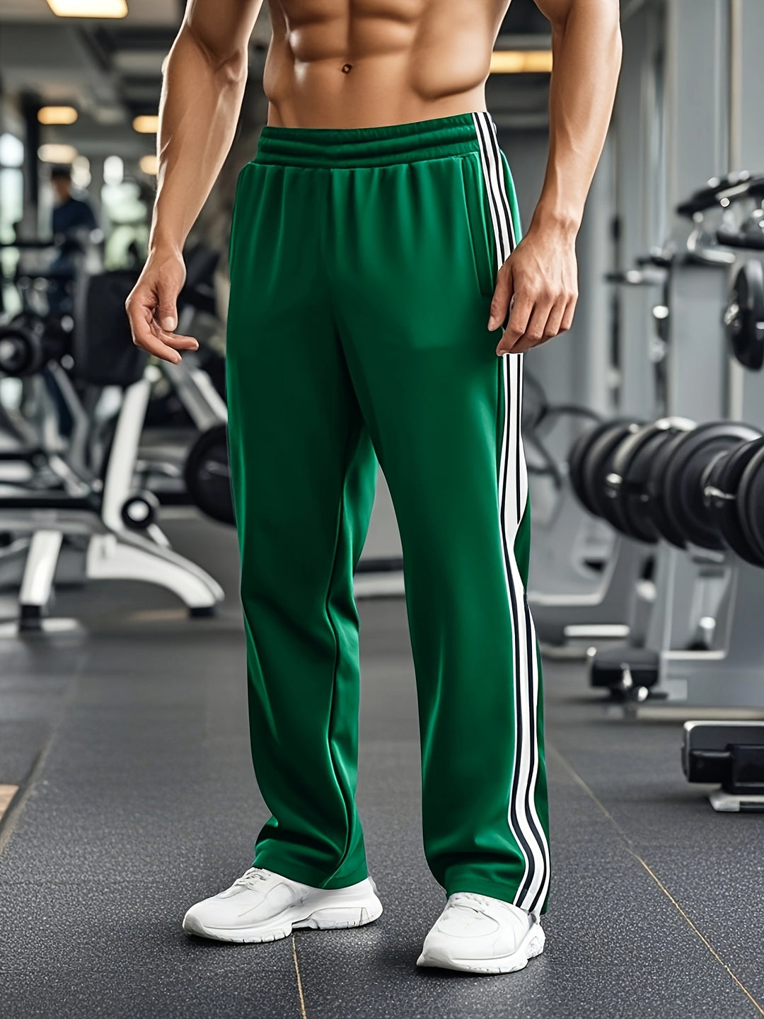 Men's Athletic Track Trousers with Elastic Waistband and Side Stripes