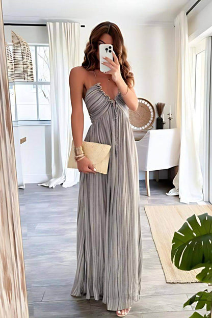 Women's Pleated Maxi Dress with Ruffle Detail and Spaghetti Straps