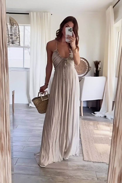 Women's Strapless Pleated Maxi Dress with Drawstring Detail