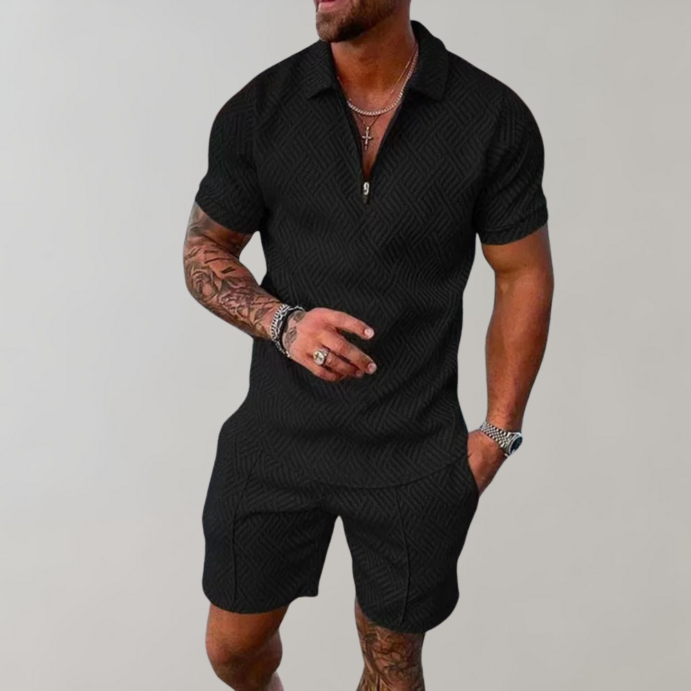 Men's Textured Zip-Up Polo Shirt and Shorts Two-Piece Outfit