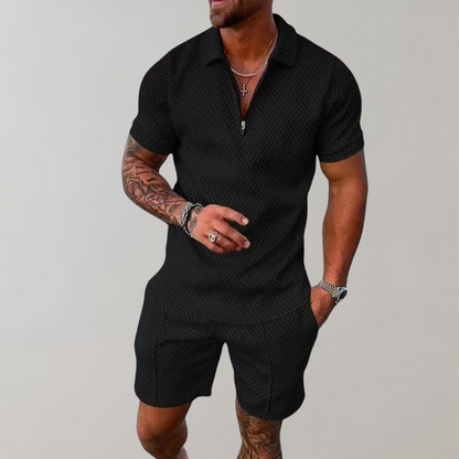 Men's Textured Zip-Up Polo Shirt and Shorts Two-Piece Outfit