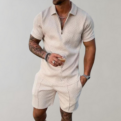 Men's Textured Zip-Up Polo Shirt and Shorts Two-Piece Outfit
