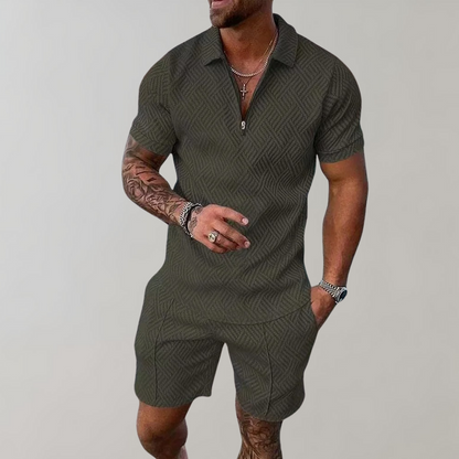 Men's Textured Zip-Up Polo Shirt and Shorts Two-Piece Outfit