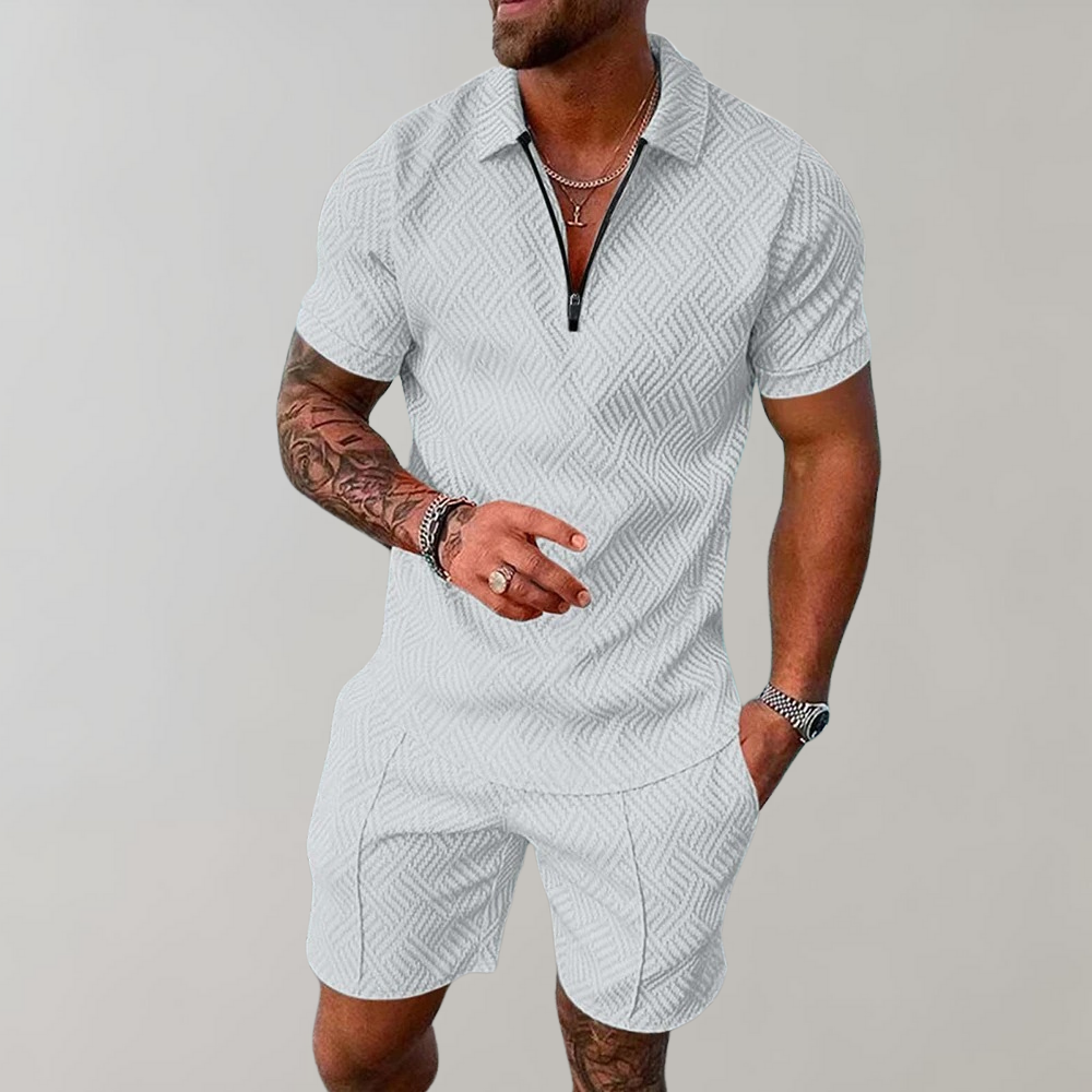 Men's Textured Zip-Up Polo Shirt and Shorts Two-Piece Outfit
