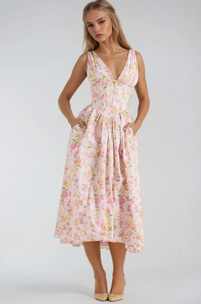 Women's Floral Corset Midi Dress with V-Neck and Full Skirt