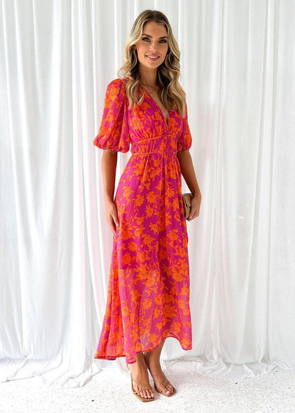 Women's Floral V-Neck Maxi Dress with Puff Sleeves